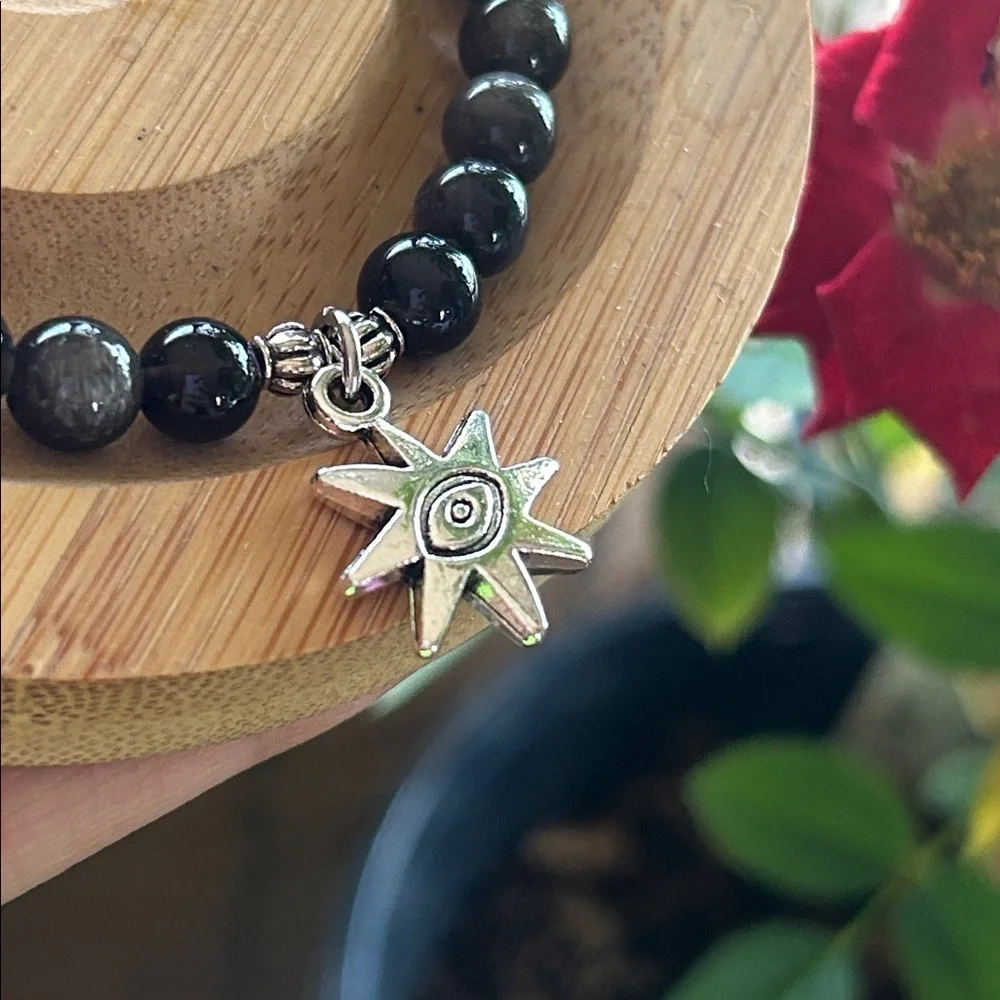 Handmade Silver Sheen Obsidian Beaded Bracelet with Silver Evil Eye Charm